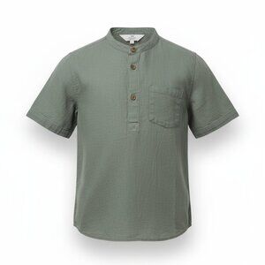 H&M Mandarin Collar 3-Button Short Sleeved Olive Linen Blend Shirt Boys Size 8